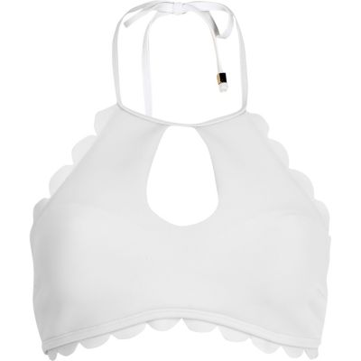 White scalloped scuba string bikini top